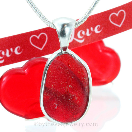 L-A-R-G-E Bright Red End Of Day Sea Glass Pendant In Deluxe Sterling Wire Bezel