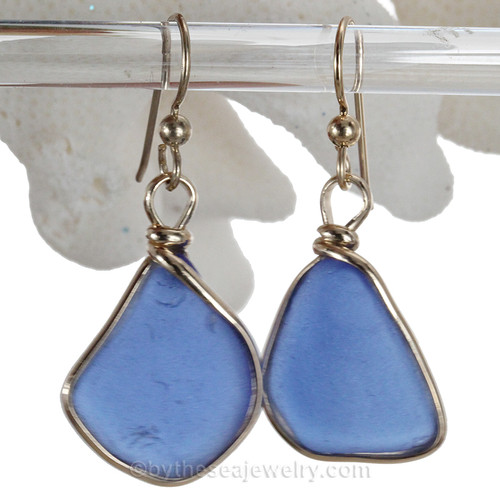 L-A-R-G-E- Blue Genuine Sea Glass Earrings 14K Goldfilled Original Wire Bezel©