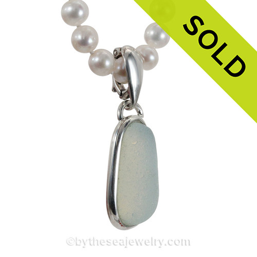 EXTREMELY Super Rare Opalized Sea Glass Drop Necklace on 8MM Knotted Pearl Strand All Solid Sterling Silver