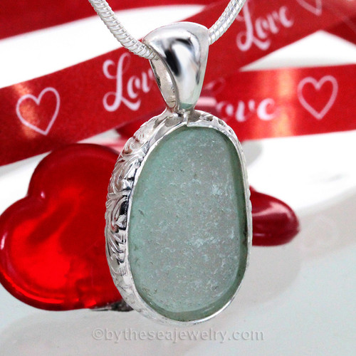 Green Sea Glass Pendant  In Sterling Deluxe Pattern Wire Bezel©