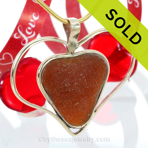amber brown natural sea glass heart pendant