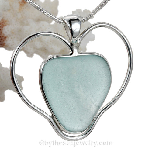 Double Love - LARGE Aqua Blue Genuine Sea Glass Heart In Deluxe Solid Sterling Double Bezel©Pendant
