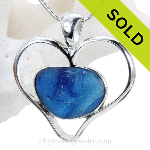 Heart Of The Ocean - Super Ultra Rare Blue Multi Sea Glass Heart In Heavy Solid Sterling Double Bezel©Pendant 