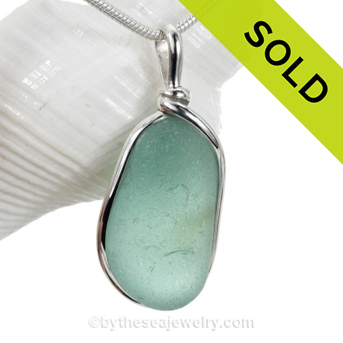 Aqua Green Sea Glass Pendant In Solid Sterling Silver Original Wire Bezel©