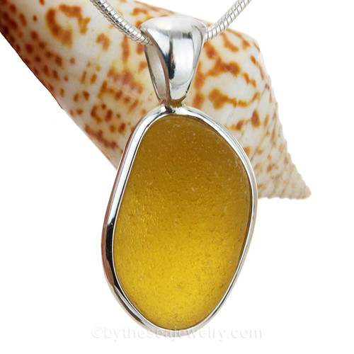 Brilliant Yellow Golden Sea Glass Pendant In Sterling & Gold Deluxe Wire Bezel