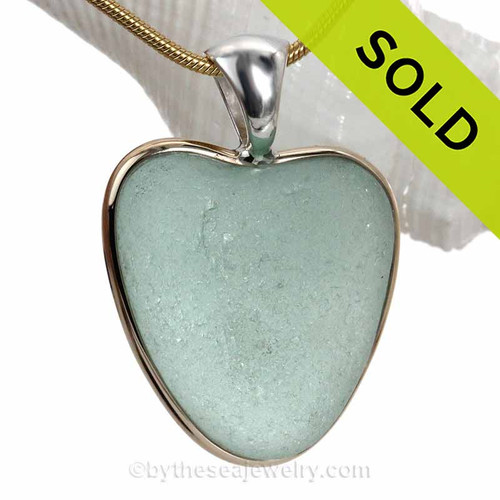 Big Love - Large THick Aqua Green Natural Sea Glass Heart In Deluxe Tiffany Bezel© Pendant