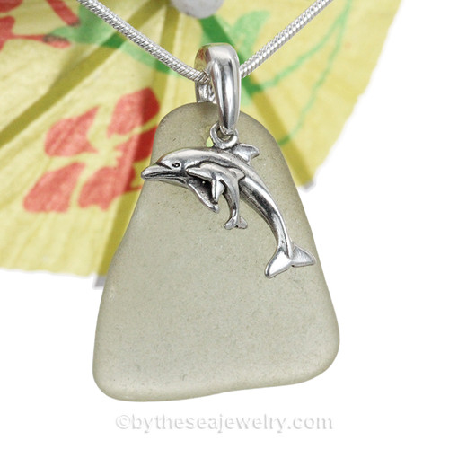 Seafoam Green Sea Glass With Sterling Silver Mother and Child Dolphins Charm - 18" STERLING CHAIN INCLUDED