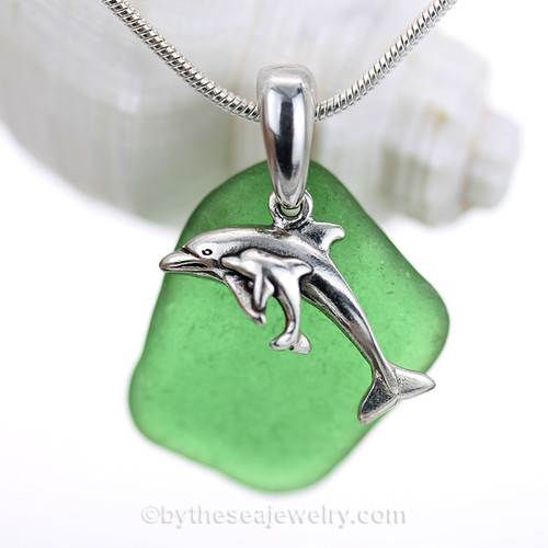 Vivid Green Sea Glass Necklace with Sterling Silver Dolphin  Mother and Baby Charm - 18" Solid Sterling Chain INCLUDED
