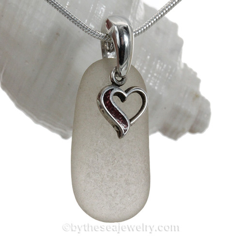 White Sea Glass Necklace With Sterling Heart Charm