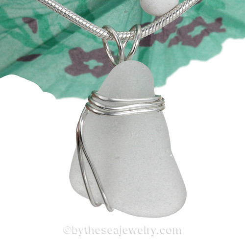 White Genuine Sea Glass In Sterling Triple Setting Pendant for Necklace.