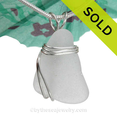 White Genuine Sea Glass In Sterling Triple Setting Pendant for Necklace.