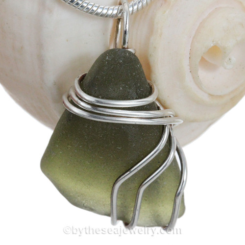 Seaweed Green Genuine Sea Glass In Sterling Triple Necklace Pendant