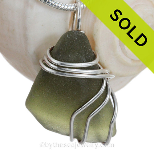 Seaweed Green Genuine Sea Glass In Sterling Triple Necklace Pendant
