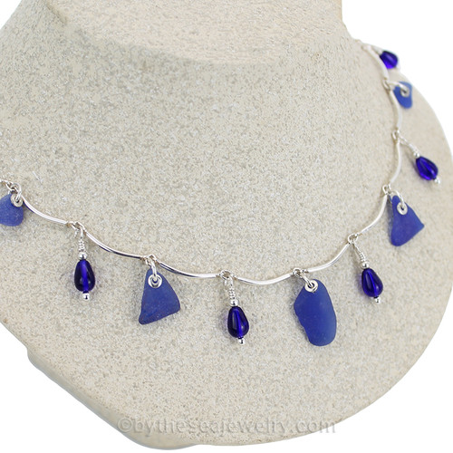 Sea Glass On Sterling Silver Curved Necklace