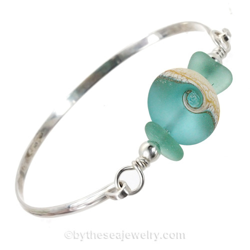 Tropical Delight - Aqua Beach Found Sea Glass Bangle Bracelet W/ Wave Bead 