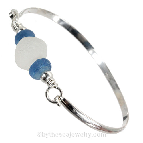 Pure White Sea Glass With Blue Beads On Solid Sterling Bangle 