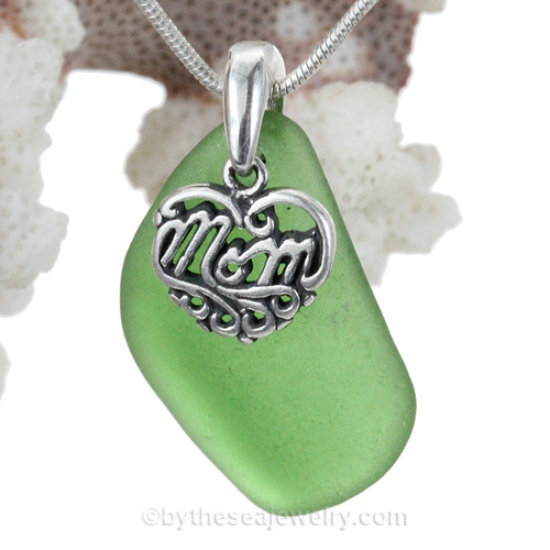 Vivid Sea Green Sea Glass With Sterling Mom Charm 
