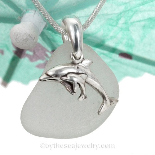 Pure White Sea Glass Necklace with Mother and Baby Sterling Charm - 18" Solid Sterling Chain INCLUDED