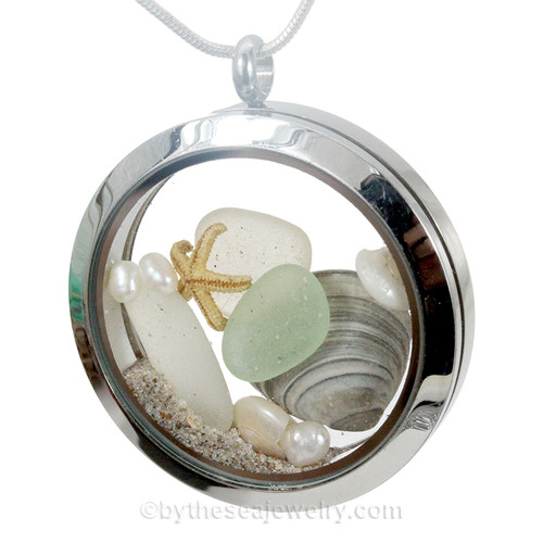 June Beach Lover - Genuine Green w/ Pearls, Shells and Beach Sand - JUMBO 35MM Locket