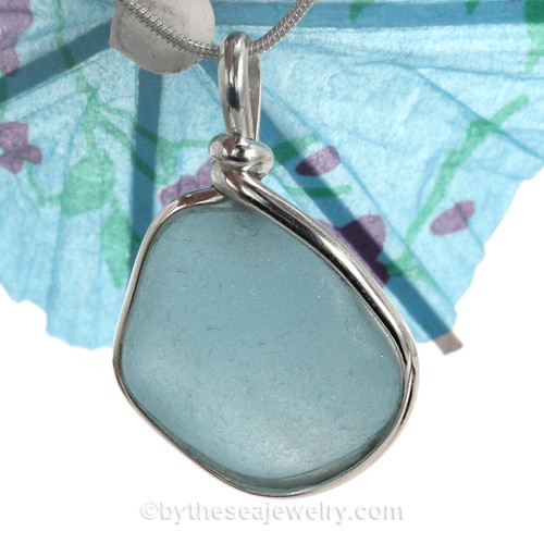 Blue Natural Sea Glass In Original Sterling Silver Wire Bezel© Necklace Pendant