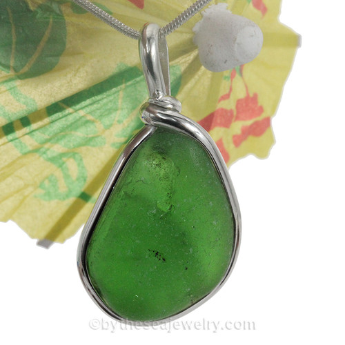 Green Bonfire Sea Glass Pendant In Sterling Original Wire Bezel©