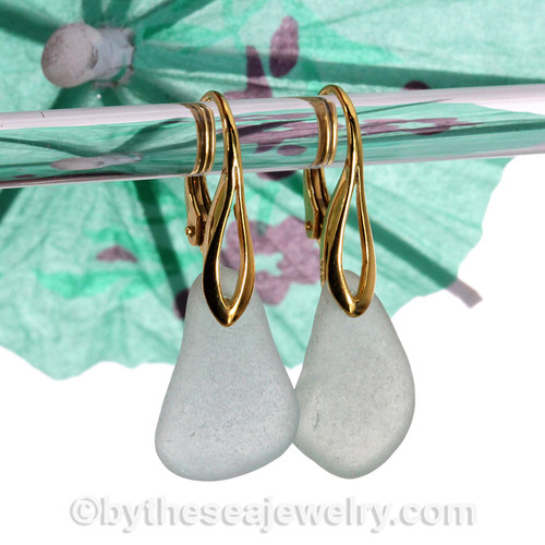 A pair of natural beach found Sea Glass Earrings in a Seafoam Green on 24K Gold Vermeil Leverbacks.