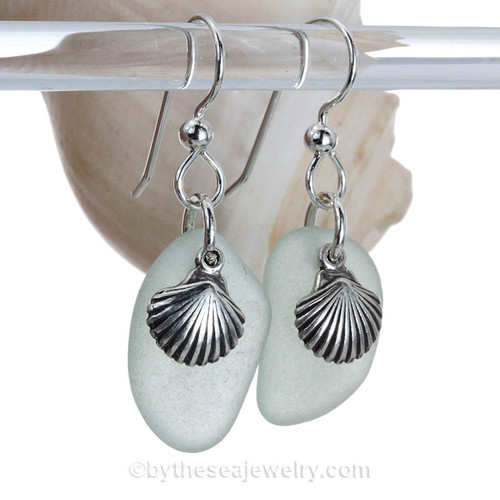 Sea Glass Earrings In Seafoam Green on Sterling Silver With Shell Charms 