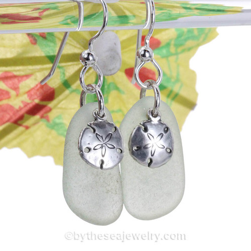 Seafoam Genuine Sea Glass Earrings On Sterling W/ Sandollar Charms