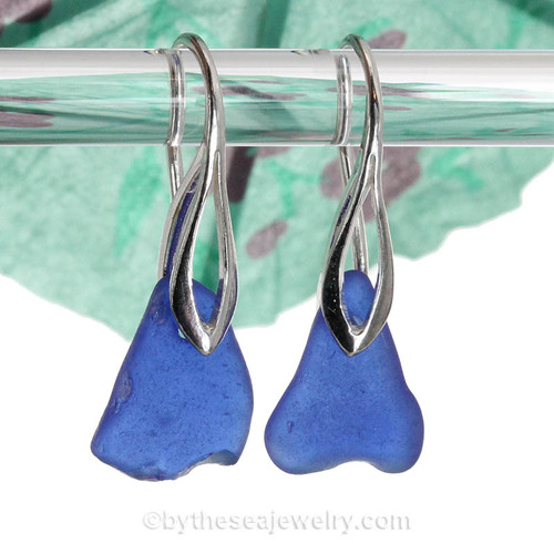 Cobalt Blue Sea Glass Earrings on Solid Sterling Deco Hooks