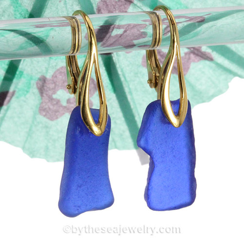 Blue Sea Glass on 24K Gold Vermeil Leverback Earrings