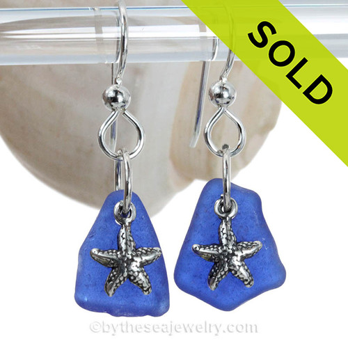 Sea Charmed -Smaller Cobalt Blue Sea Glass Earrings With Starfish