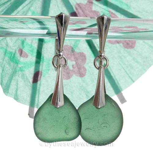Thicker Teal Green Genuine Sea Glass Sterling Leverback Earrings.