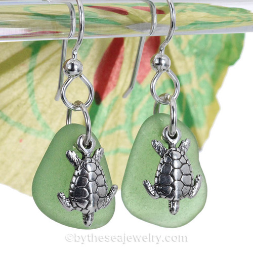 Larger Vivid Green Genuine Sea Glass Earrings in sterling with Solid Sterling Silver Sea Turtle charms.