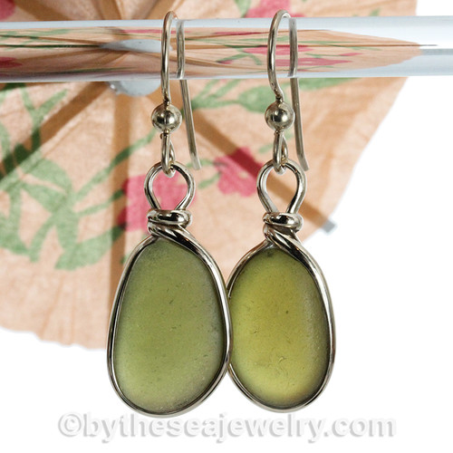 Vivid Peridot Green Genuine Beach Found Sea Glass In Gold Original Bezel© Earrings
