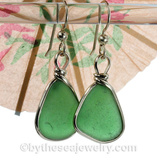 Triangles of Vivid Green Genuine Sea Glass Earrings In 14K G/F Original Wire Bezel©