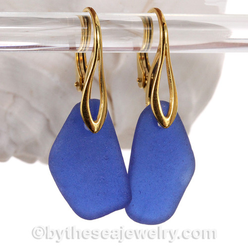 Blue Sea Glass on 24K Gold Vermeil Leverback Deco Earrings