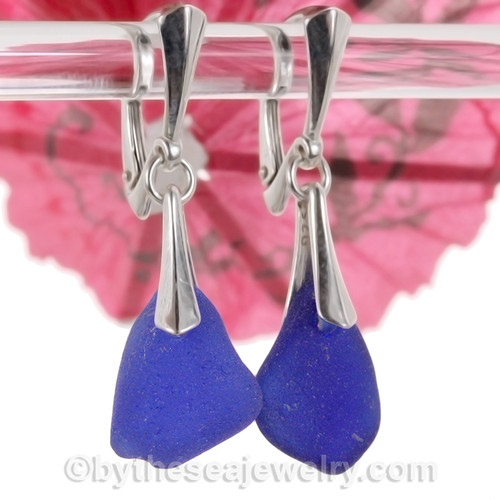 Vivid Cobalt Blue Sea Glass on Solid Sterling Earrings Silver Deluxe Dangly Leverbacks