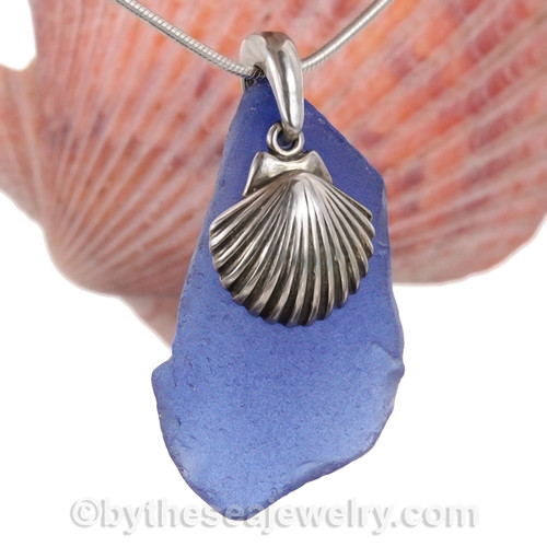Large Blue Sea Glass Necklace On Sterling Bail With Sterling Silver LARGE Shell Charm