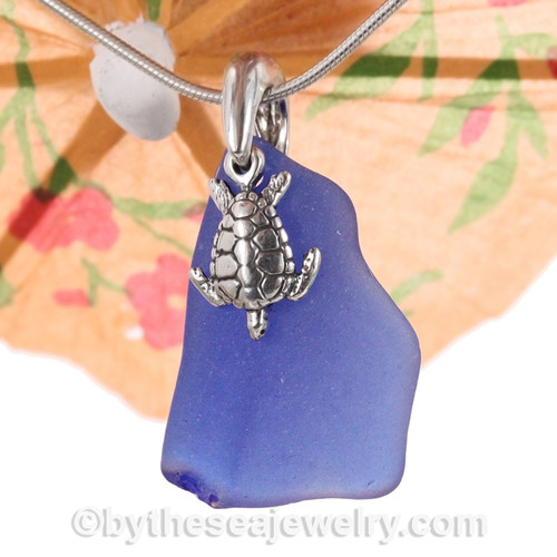 Larger Cobalt Blue Sea Glass With Sterling Silver Sea Turtle Charm - 18" Solid Sterling CHAIN INCLUDED
