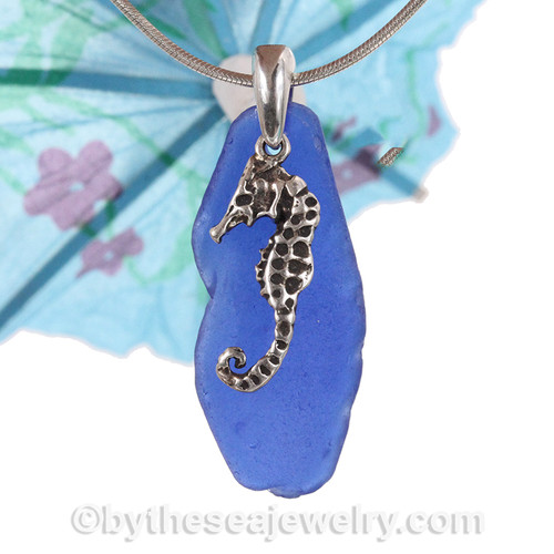 LARGE Cobalt Sea Glass Necklace W/ Sterling Silver LARGE Seahorse Charm - 18" Sterling Chain INCLUDED