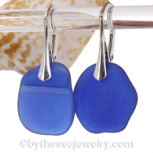 Cobalt Blue Sea Glass on Solid Sterling Silver Leverbacks Earrings