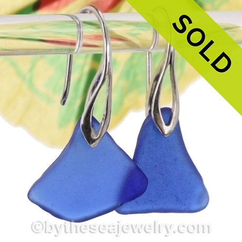 Vivid Cobalt Triangles of Blue Sea Glass Earrings on Solid Sterling Deco Hooks