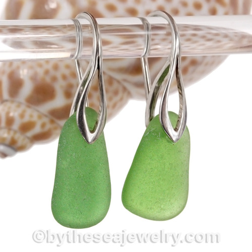 Vivid Green Beach Found Sea Glass Earrings on Solid Sterling Deco Hooks