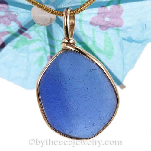Blue Sea Glass Pendant in Gold Bezel