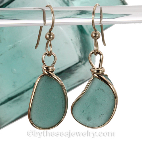 Genuine Beach Found Aqua Green Sea Glass Earrings In Gold Wire Bezel©