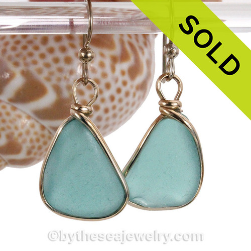 Large Aqua Beach Found Sea Glass Earrings In 14K Rolled Gold