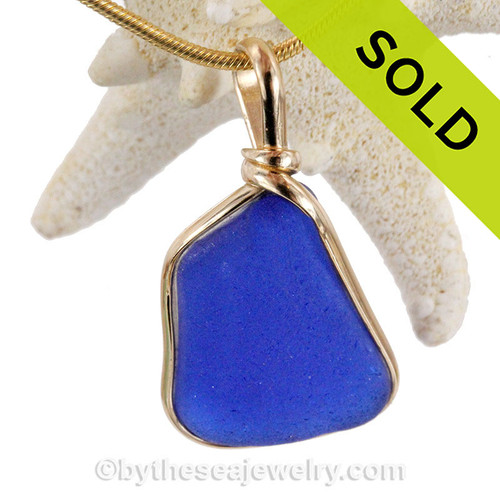 Cobalt Blue Sea Glass Bottle Bottom In 14K Goldfilled Original Wire Bezel© Pendant