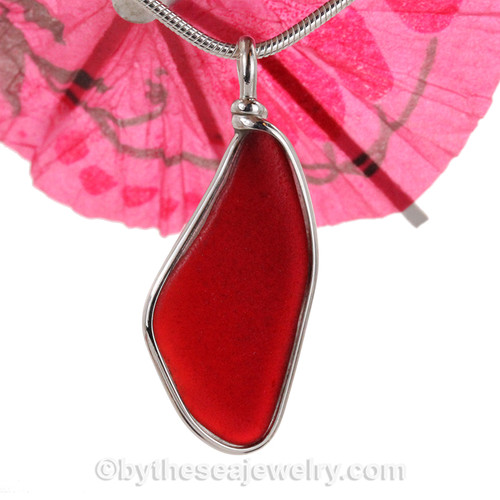 Long Bright Ruby Red Sea Glass In Original Wire Bezel© Sterling Silver