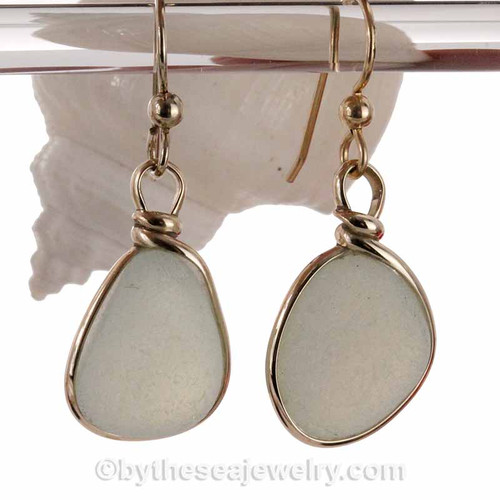 Super Ultra Rare Opalized Sea Glass Earrings in our Original Wire Bezel© setting in 14K Rolled Gold