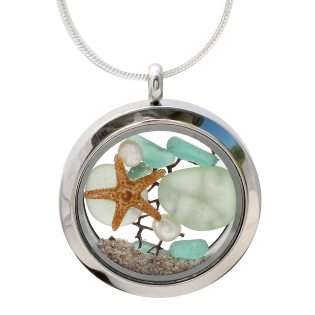 Tropical Delight - Genuine Sea Glass Locket With Seafan & Pearls (LOCK2054)